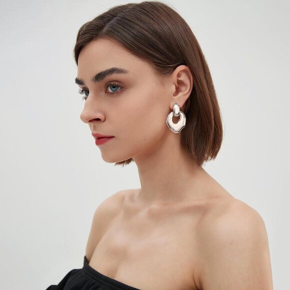 Women's Silver Irregular Statement Retro Hoop Dangle Earrings Multiple Style - Picture 2 of 6